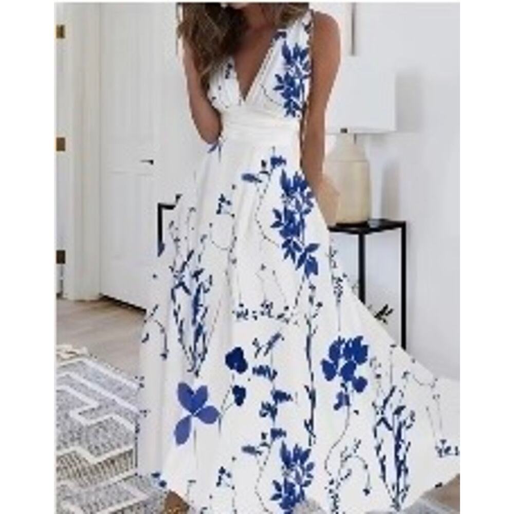 XXL White Blue Maxi Tank Dress V-Neck Flowy Summer Casual
